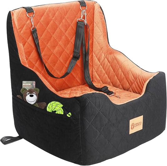 Dog Car Seat for Small/Medium Dogs Under 40lbs, Dog Booster Car Seats Memory Foam and Velvet, Detachable and Washable Pet Booster Carseats with Clip-On Satebelt and Storage Bag.(Black/Brown)