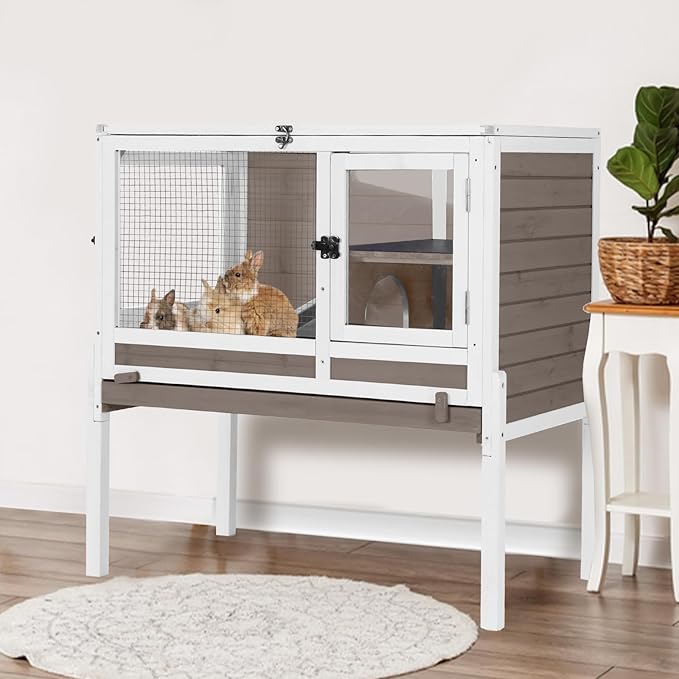 Aivituvin Rabbit Hutch with Stand Wooden Bunny Cage Indoor 2 Story Guinea Pig House with Anti Chew Ramp, No Leak Tray, Hideout, Wire Mesh (Brown)