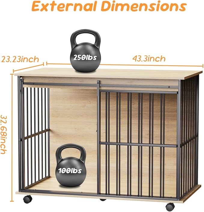 43.7" Dog Crate Furniture, XL Dog Crate Dog Kennel Indoor with Wheels for Large Medium Small Dogs, Wooden Dog Kennel End Table with Sliding Door Wooden Furniture Crates for Living Room, Bedroom