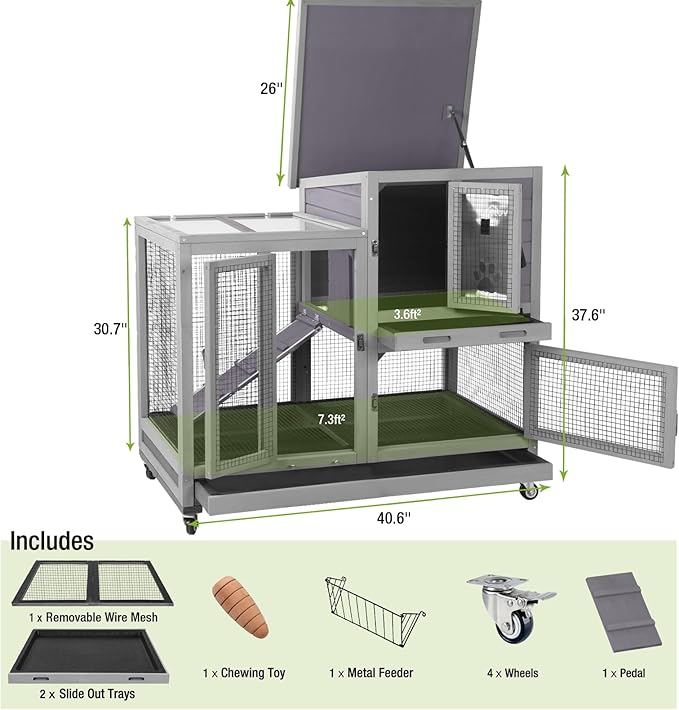 GUTINNEEN Two-Story Rabbit Hutch Large Bunny Cage with Wire Mesh Floor, Leak-Proof Trays, Lockable Wheels for Indoor and Outdoor Use, 40.6" L x 26" W x 37.6" H
