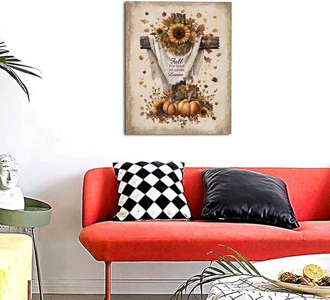 Christian Fall Wall Art Autumn Rustic Cross Sunflower Pumpkin Wall Decor Fall for Jesus He Never Leaves Pictures Painting Print Framed Artwork Decorations Gifts for Living Room Bedroom Prayer Room Office 16"x20"