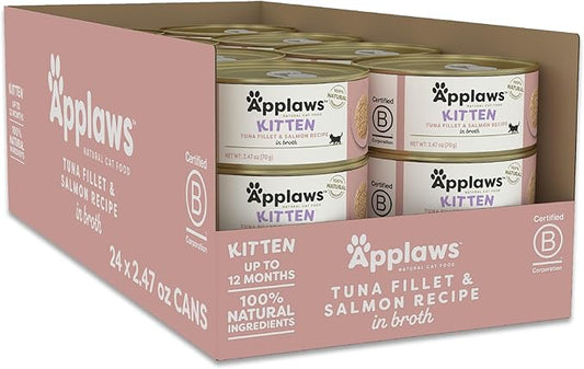 Applaws Natural Wet Kitten Food in Broth, Limited Ingredient Canned Wet Kitten Food, No Additives, Made with Natural Ingredients, Tuna Fillet & Salmon in Broth (24 x 2.47oz Cans)