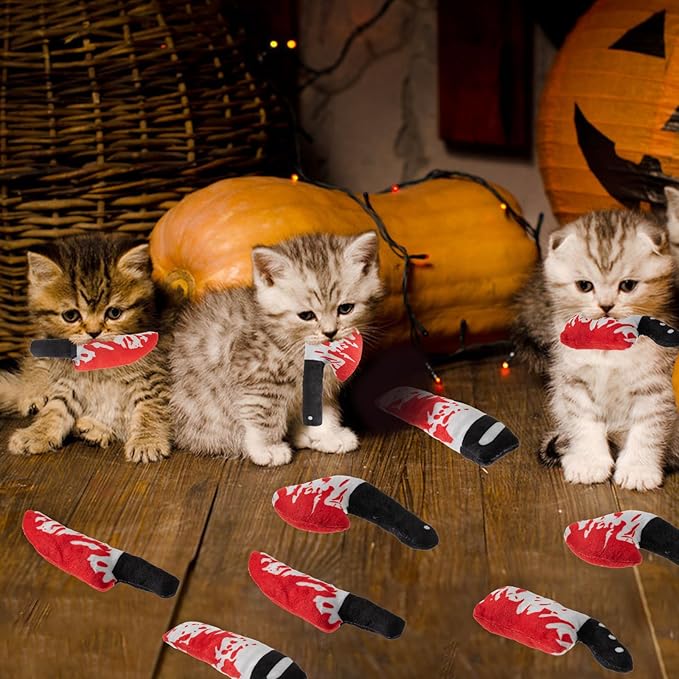 8pcs Catnip Toy, Indoor Knife Shaped Cat Toy Horror Plush Interactive Chew Bite Toys for Halloween Christmas Cat Kitten Indoor Festive Holiday Cat Lover Gift