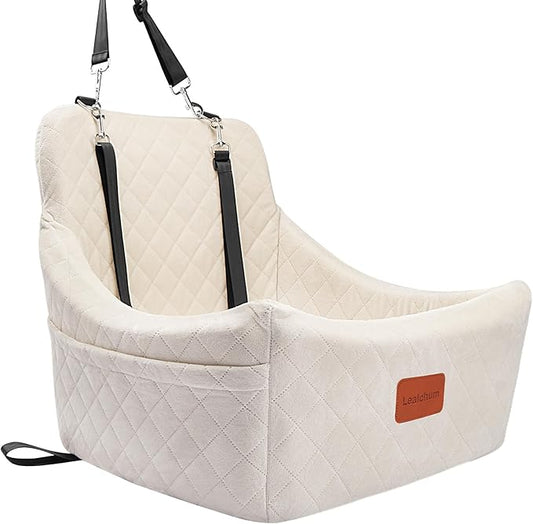 Dog Car Seat for Medium Dogs,Easy to Install with Adjustable Straps,Anti-Slip Bottom,Fully Detachable and Washable,Soft Fabric Fill in Memory Foam,Two Side Pockets(Beige,Medium)