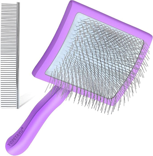 Dog Slicker Brush for Shedding and Grooming Medium or Long Haired Cats, Extra Long & Soft Pin Slicker Brush for Removes Loose Hair, Tangles, Knots, Undercoat, Free Pet Comb, Large Purple