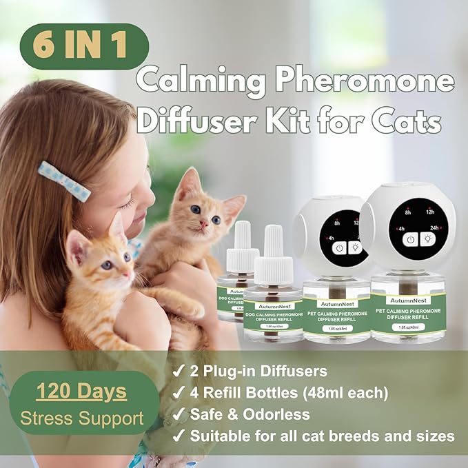 Cat Calming Pheromones Diffuser Kit with Timer – 2 Plug-Ins + 4 Refills (48ml) – 4-Level Timing – Stress Relief for Cats – Helps with Hiding, Scratching, Urine Marking, Travel, Vet Visits