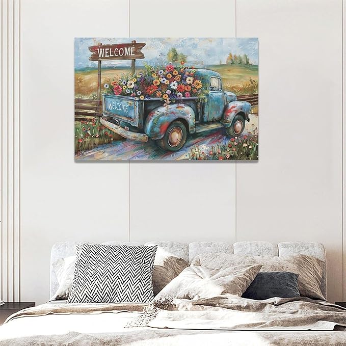 Farmhouse Truck Wall Art Rustic Country Wildflowers Wall Decor Road Flowers Landscape Pictures Canvas Print Painting Artwork for Bathroom Living Room Bedroom 16"x24"