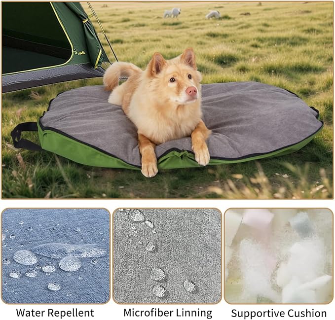 Portable Waterproof Dog Mat for Camping, Patio & Travel - Foldable Outdoor Dog Bed with Teflon Shell & Removable Plush Pad - Easy Clean, Durable - M (Sage Green)