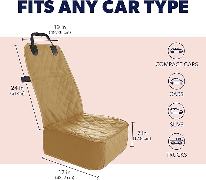 Active Pets Dog Car Seat Cover, Waterproof Front Seat Protector for SUV Truck Sedan, Pet Safety Travel Comfort System with Universal Fit, Beige