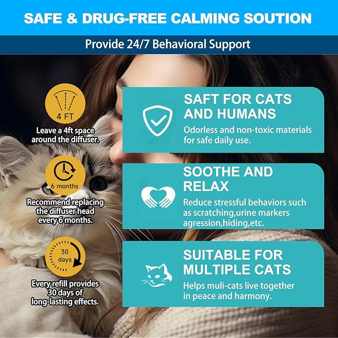 Cat Calming Diffuser, Cat Pheromones Calming Diffuser, Effectively Relieve Anxiety Stress Cat Diffuser Calming Multicat with 2 Diffuser + 4 Refill 48ml Last 120 Days Fits All Cats