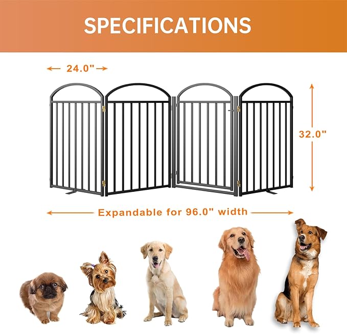 4 Panles Full Matel Freestanding Dog Gates with Door, 96"Extra Wide 32"Tall Free Standing Dog Pet Gate for Indoor & Outdoor. Foldable Pet Fences for Doorways, House, Stairs, Porch, Deck, Yard