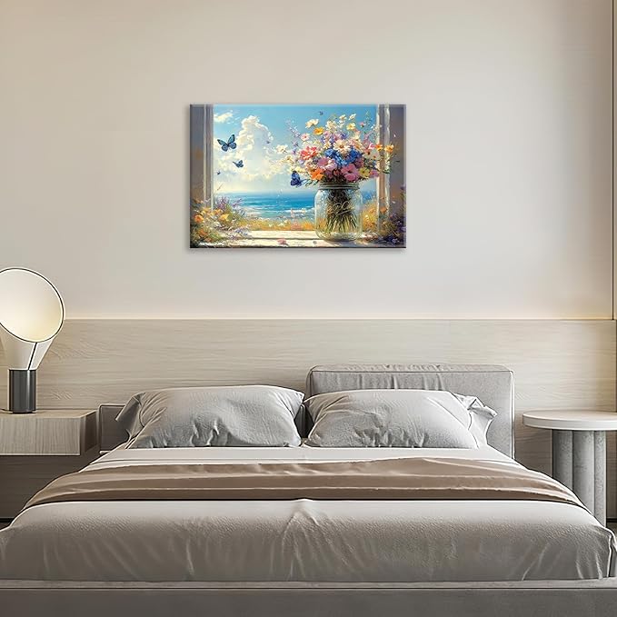 Beach Floral Bathroom Pictures Wall Art, Colorful Flower Bathroom Wall Decor, Coastal Ocean Framed Painting Canvas Artwork for Bedroom Living Room Decorations 24"L x 16"W