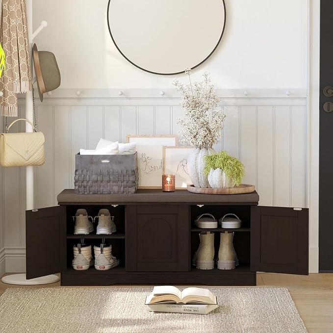 DINZI LVJ Shoe Bench, Entryway Storage Bench with Doors, Cushion, 2-Tier Shoe Rack with 6-Cubby, 39.4”L x 13.8”W Shoe Organizer Cabinet, Adjustable Shelf, Living Room, Bedroom, Espresso