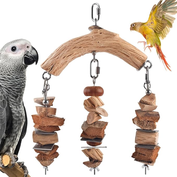 Bird Parrot Toys, Large Birds Wooden Chew Blocks with Stainless Steel Cage Hanging Bite Toy for Macaws, African Greys, Cokatoos, Amazon Parrots and Small Medium Parakeets