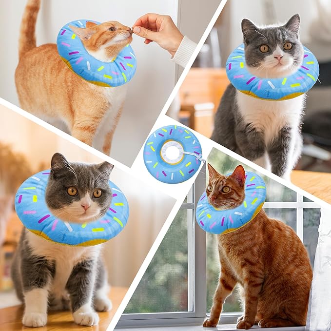 Cat Cone Collar Soft, Adjustable Cat Recovery Collars Kitten Cones to Stop Licking, Cute Donut E Collar After Surgery, Anti-Lick Wound Healing Elizabethan Collar for Kittens(Donut Blue, Medium)