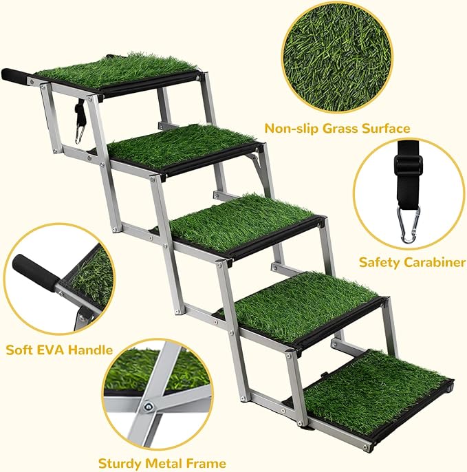 Dog Stairs for Car, Portable Folding Dog Ramps,Dog Steps for Large Dogs with Non-Slip Grass Rug for Cars, SUV, Trucks, Lightweight Pet Ramp Supports Up to 200 lb, 5 Steps