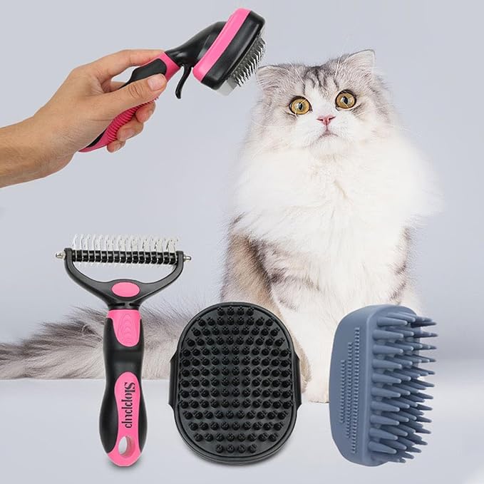 Dog Brush Kit for Grooming Short & Long Haired Dogs & Cats, 4-in-1 Pet Grooming Set with Self-Cleaning Slicker Brush, Deshedding Tool, Shampoo Bath Comb, Massge Comb (Pink Black)