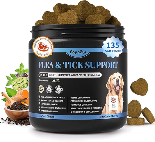 Dog Flea and Tick Support Chewable, Natural Dog Flea Comfort Supplement, Oral Chews with Neem, Oregano Oil, Pumpkin Seed Oil & Brewer's Yeast – 135 Soft Chews, Beef Flavor – for All Breeds & Sizes