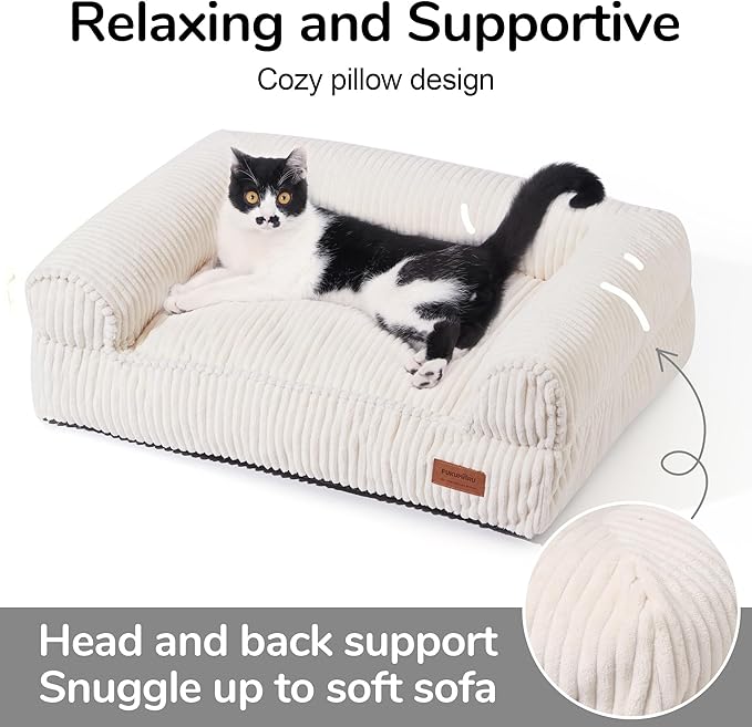 FUKUMARU Dog Couch Bed, Corduroy Cozy Cat Bed for Indoor Cats with Washable Cover, Supportive Waterproof Dog Beds Sofa for Small Dogs and Large Cats Cute, 28inch, Medium, Cream
