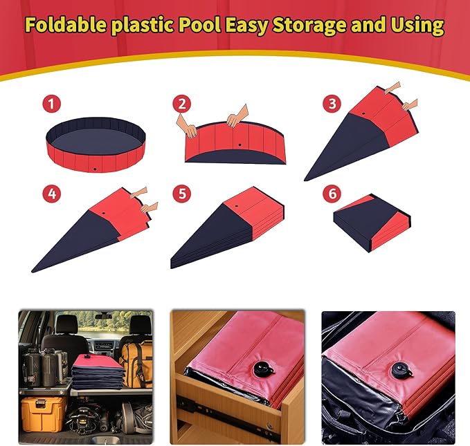 Foldable Dog Pool, 71" x 14" Large Kiddie Pool with Hard Plastic, Non-Slip Dog Bath Tub for Outdoor Backyard, Collapsible Dog Swimming Pool for Kids Dogs Pets (Red)