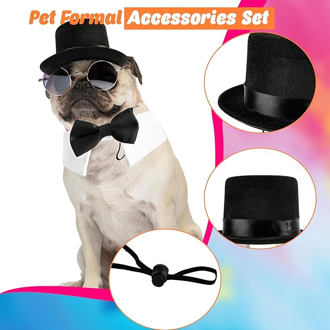 4 Pcs Pet Formal Halloween Costume Accessories Dog Wedding Bow Tie Top Hat Puppy Gentleman Costume for Small Medium Dogs Cats Halloween Party