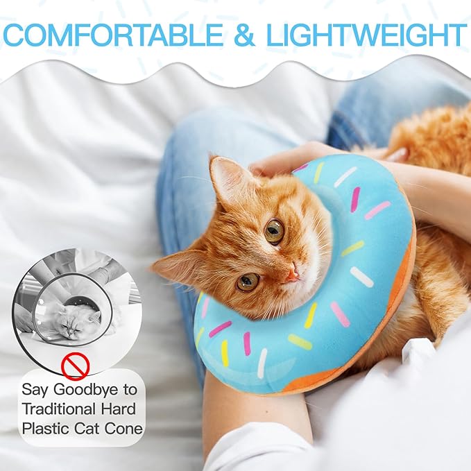 Cat Cone Collar Soft, Cute Cat Donut Collar After Surgery, Adjustable Kitten Recovery Cones to Stop Licking, Lightweight Neck Elizabethan Collars for Cats Kittens (Blue, Large)