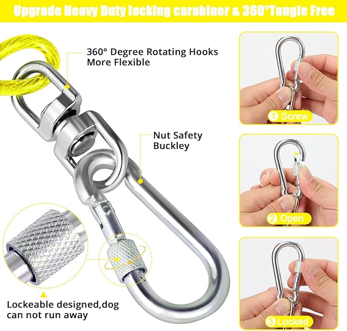 Jenico Dog Tie Out Cable, 10/15/20/30/40/50/70/100/150FT Runner Cable with Swivel Hook and Shock Spring, Outdoor and Camping Dog Leash Run Tether for Small to Medium Pets Up to 500 LBS