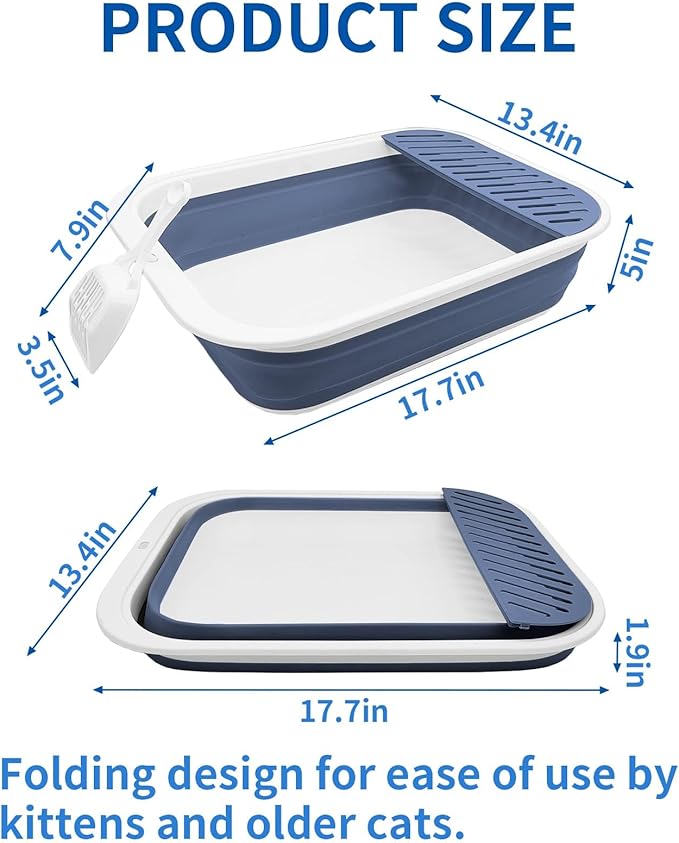 BNOSDM Collapsible Small Cat Litter Box for Kittens Open Potty Pan Foldable Cat Toilet with Scoop Senior Kitty Travel Shallow Litters Boxes Anti-Splash Waterproof Blue 17.7"×13.4"