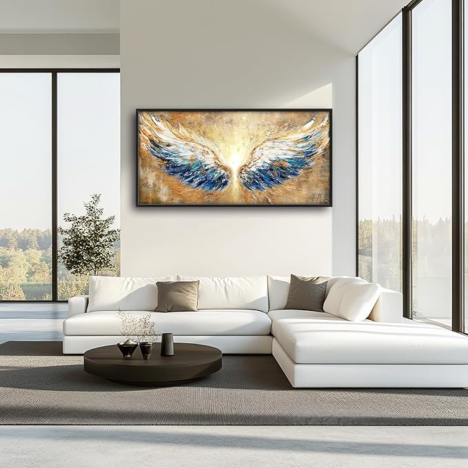 Extra Large Angel Wings Framed Wall Art for Living Room,Oversized Golden Wings Pictures Wall Decor,Holy Gold Blue Canvas Print Painting Modern Artwork Bedroom Office Bathroom 60L" x 30W"