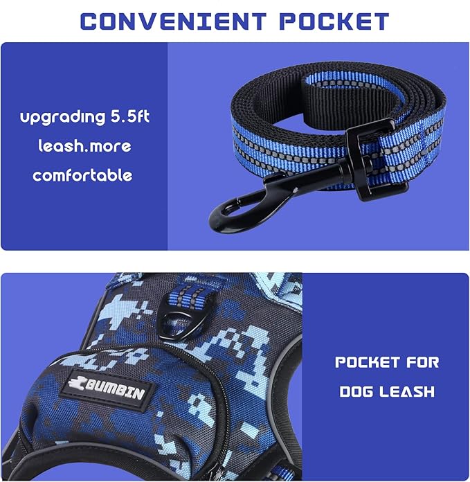 BUMBIN Dog Harness for Large Dogs, No Pull Adjustable No Choke Pet Vest with Dog Leash Fit Smart Reflective Pet Walking Harness for Training Easy Control Soft Handle Blue Camo L