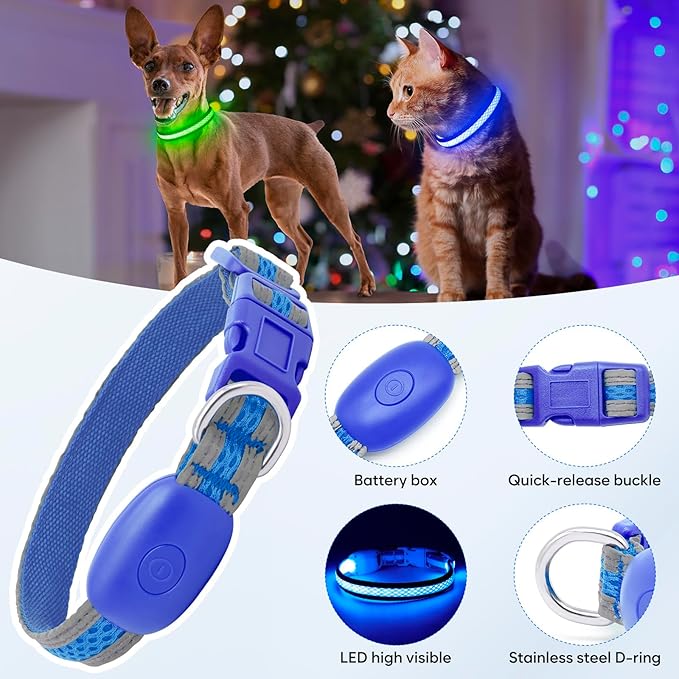 Flashseen LED Cat Collar,Light Up Dog Collar Rechargeable, Dog Lights for Night Walking, Comfortable Soft Mesh Pet Collar Adjustable for Cats Puppy and Small Dogs(Blue, XS)