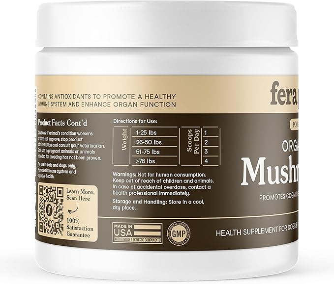 Fera Pets Mushroom Supplement for Dogs & Cats with Turkey Tail - USDA Organic - Cognitive and Immune Support - Enhances Liver Function - Supports a Healthy Gut - Powder - 120 Scoops