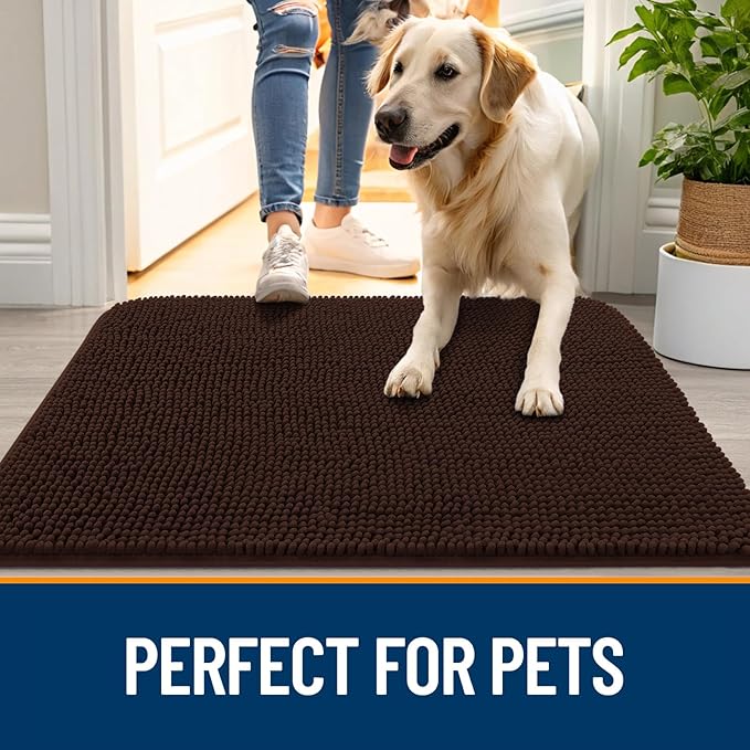 OLANLY Dog Door Mat Set 4-Piece 30x20, Absorbs Moisture and Dirt, Absorbent Non-Slip Washable Doormat, Quick Dry Chenille Mud Mat for Dogs, Entry Indoor Entryway Carpet for Inside Floor, Brown