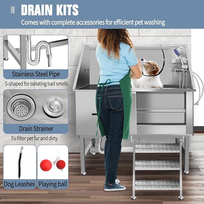 50" Pet Dog Bathing Station W/Ramp, Professional Stainless Steel Dog Grooming Tub W/Storage Drawer, Floor Grate, Faucet, Dog Bathtub for Large,Medium, Small Pets, Washing Sink for Home