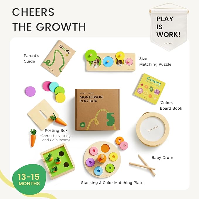 Tiny Land Montessori Toy Set for Baby 13-15 Months Explorer Play Kit - 7-in-1 Baby Drum, Carrot Harvesting and Coin Boxes, Stacking and Color Matching Plate, Size Matching Puzzle, Color Board Book