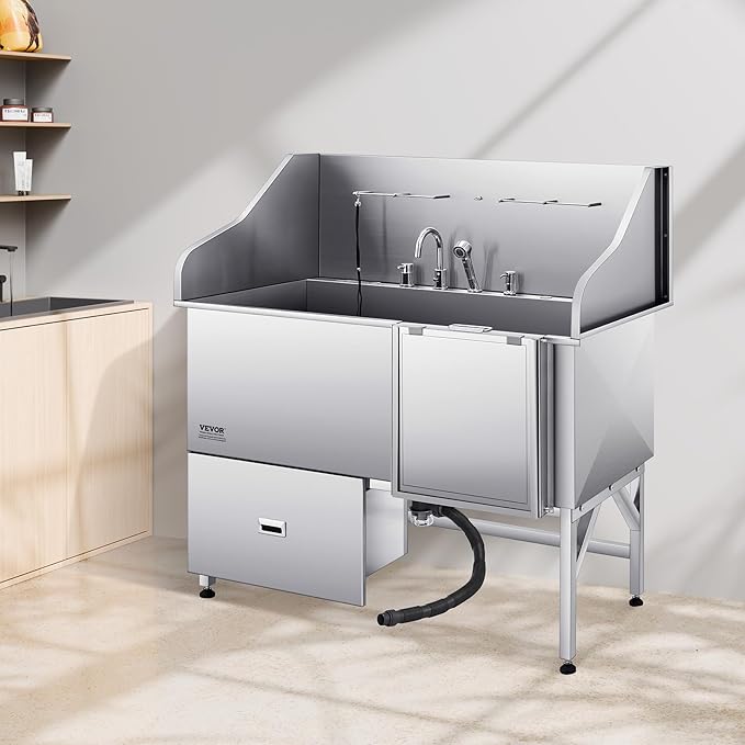 VEVOR Professional 304 Stainless Steel Dog Bathing Station, 61 inch Pet Grooming Tub w/Anti-Slip ramp, Storage Drawer, Cold Hot Faucet Showerhead for Large & Medium & Small (Right Door, with Drawer)