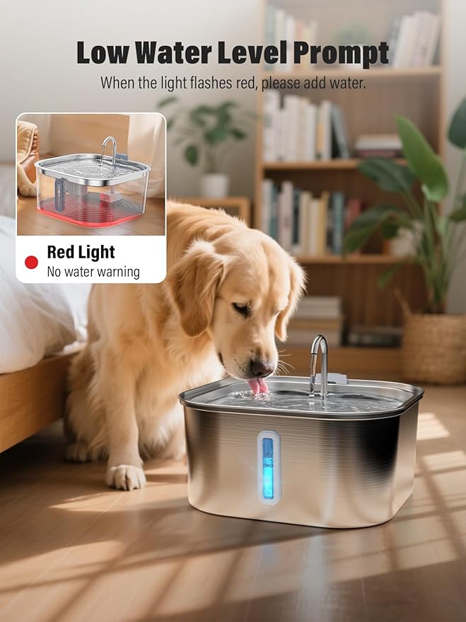 Dog Water Fountain for Large Dogs, 8L/2.1Gal Stainless Steel Pet Water Fountain with Water Level Window, Automatic Dog Water Bowl Dispenser for S-L Dogs and Multi-Pets