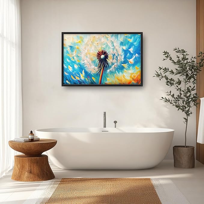 Extra Large Abstract Dandelion Framed Wall Art for Living Room,Oversized Colorful Dandelion Flower Pictures Wall Decor,Blue Canvas Print Painting Modern Artwork Bedroom Office Bathroom 36L" x 24W"