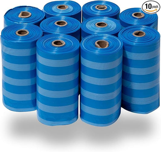 Best Pet Supplies Dog Poop Bags (150 Bags) for Waste Refuse Cleanup, Doggy Roll Replacements for Outdoor Puppy Walking and Travel, Leak Proof and Tear Resistant, Thick Plastic - Blue Strips