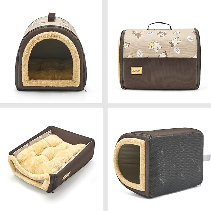 Jiupety Indoor Dog House, 2 in 1 Portable Foldable House Bed with Cover, Pet Tent & Cave Bed for Cats and Small Dogs, M(18"×14"×13"), Up to 9 Lb, Brown
