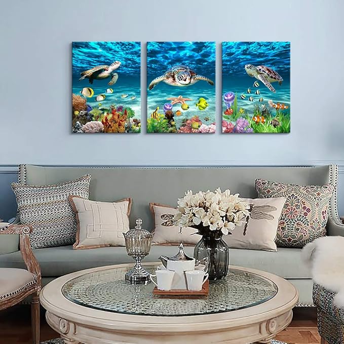 Canvas Wall Art for Living Room Large Size Wall decor for Bedroom Bathroom Wall Decoration blue Ocean Sea Turtle Paintings Modern shark Pictures Artwork office Decor Ready to Hang 16" x 24" 3 Piece