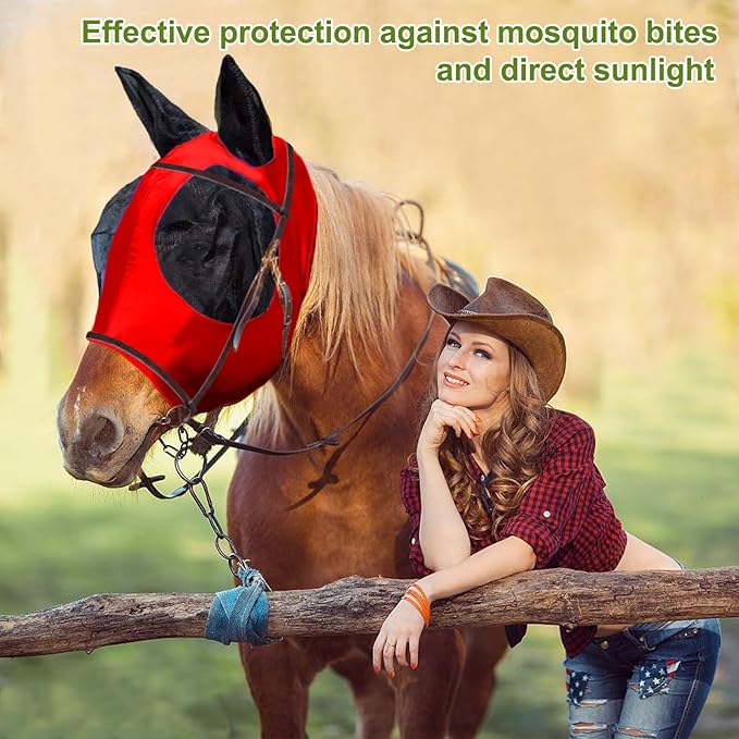 Horse Fly Mask with Ears, Comfortable Fit Stretch Fabric with UV Protection Soft on Skin Breathability for Small/Medium Size Horses (Red)