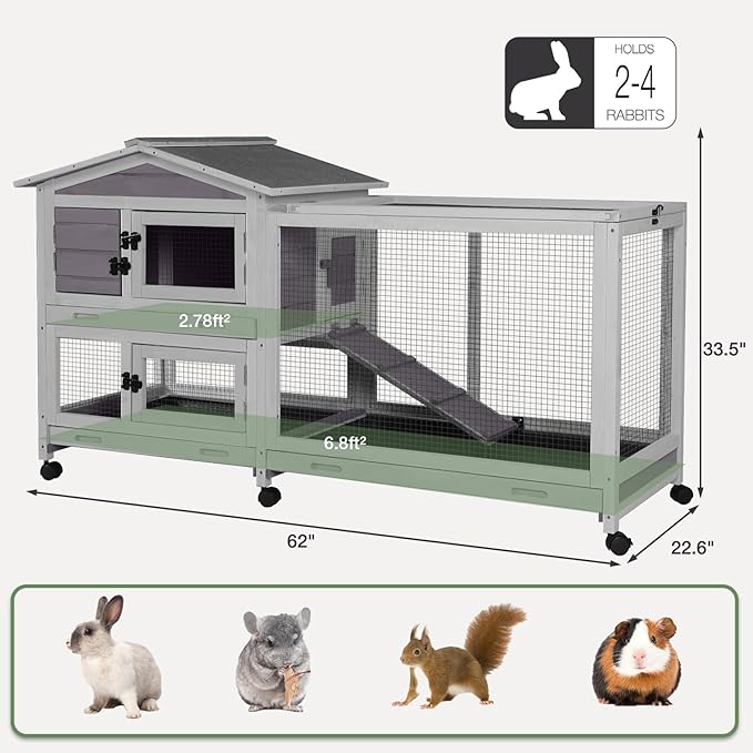 2-Story Indoor Rabbit Hutch with Chew-Proof Outdoor Rabbit Cage with 6 Locking Casters Bunny Cage 2 Pull-Out Trays Guinea Pigs Cage 62"