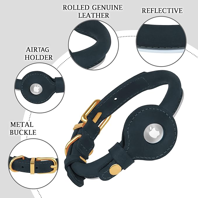 OOPSDOGGY Rolled Leather Dog Collar with Airtag Holder - Reflective Round Airtag Dog Collar - Soft Tracking Pet Collar for Small Dogs Puppy Cats Kitten (Denim, S, 10"-13")