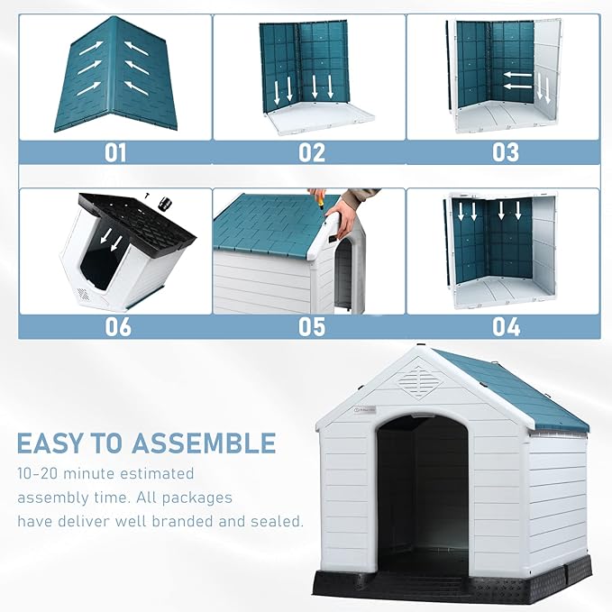 LEMBERI Durable Waterproof Plastic Dog House for Small to Large Sized Dogs, Indoor Outdoor Doghouse Insulated Puppy Shelter with Elevated Floor, Easy to Assemble (Blue, 34''L*31''W*32''H)