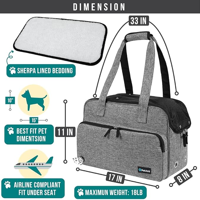PetAmi Small Dog Purse Carrier, Soft-Sided Pet Carrier Bag with Pockets, Portable Puppy Cat Travel Handbag Tote, Airline Approved Breathable Mesh, Poop Bag Dispenser, Sherpa Bed, Max 18 lbs, Gray