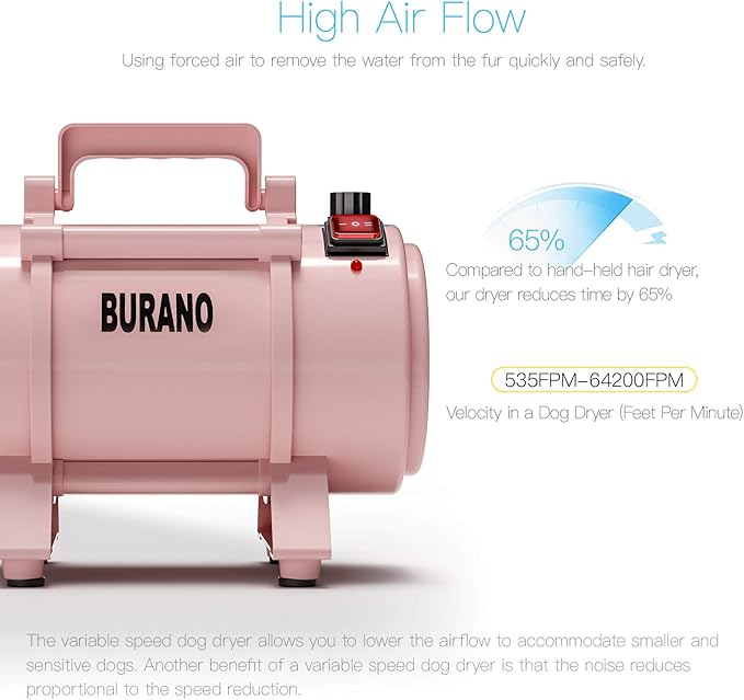 Burano Dog Dryer, High Velocity Pet Hair Dryer, 4.3HP Stepless Adjustable Speed Dog Hair Force Dryer for Dogs, Cats & More, Powerful Pet Blower with Heater
