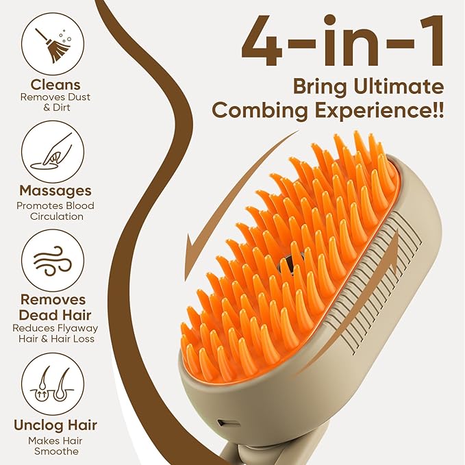 4-in-1 Cat Steam Brush for shedding–Self-Cleaning Comb for Long and Short Hair Cats and Dogs, Steam Pet Brush for Hair Removal, Vibrating Message, Grooming & Relaxation (Khaki)