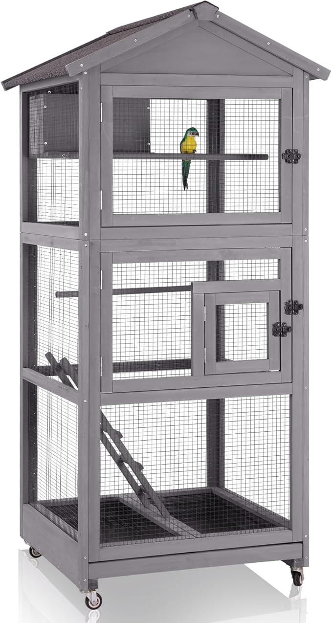 GUTINNEEN Large Bird Cage Outdoor Wooden Aviary Indoor on Wheels, with Play Stand, Perches, Nest Habitat & Wire Mesh Tray for Easy Cleaning