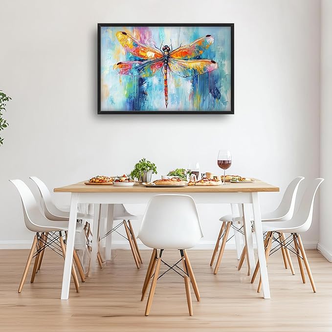Extra Large Abstract Dragonfly Framed Wall Art for Living Room,Oversized Colorful Dragonfly Pictures Wall Decor,Teal Canvas Print Painting Modern Artwork Bedroom Office Bathroom 36L" x 24W"
